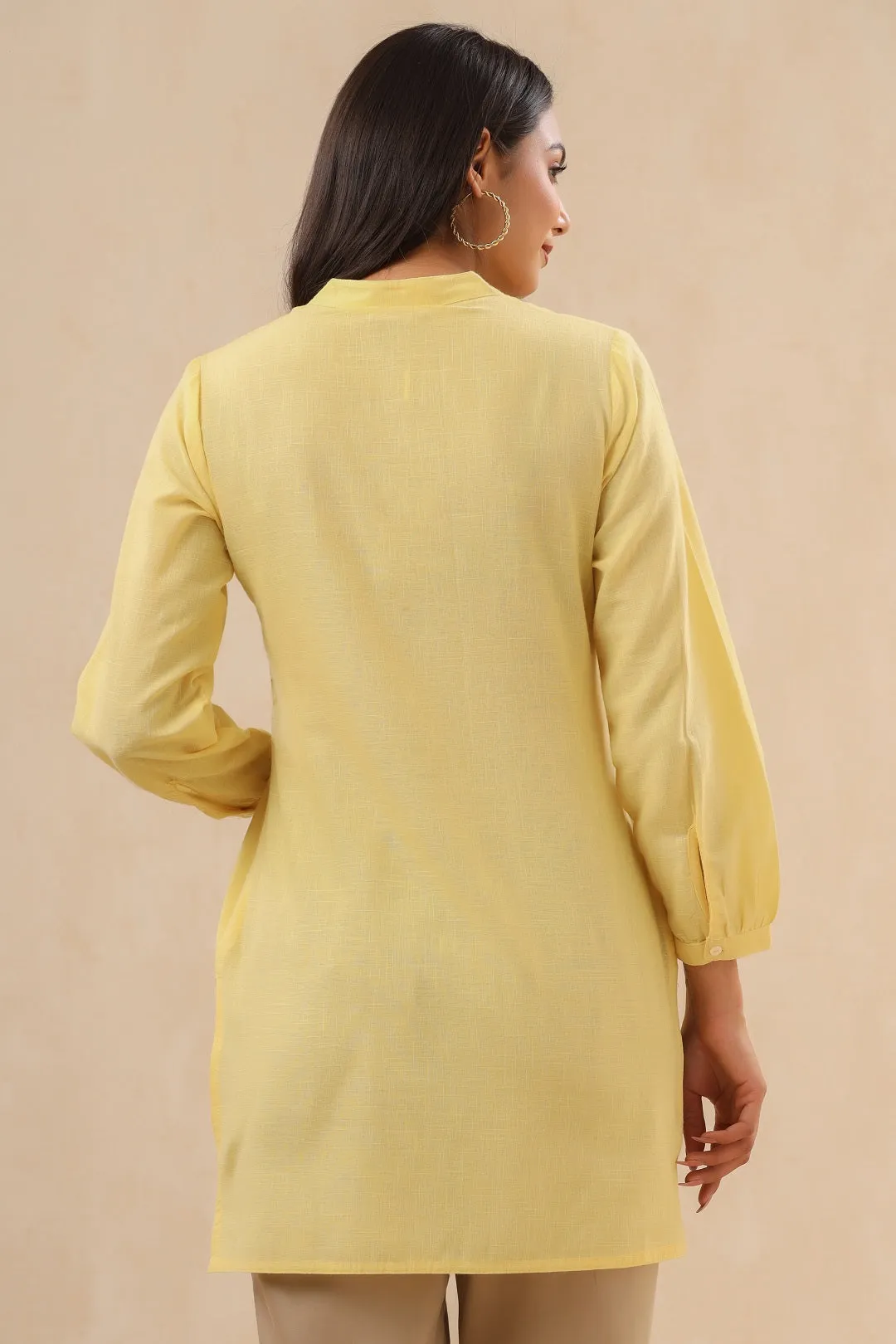 Yellow Cotton Slub Embroidered High-Low Tunic