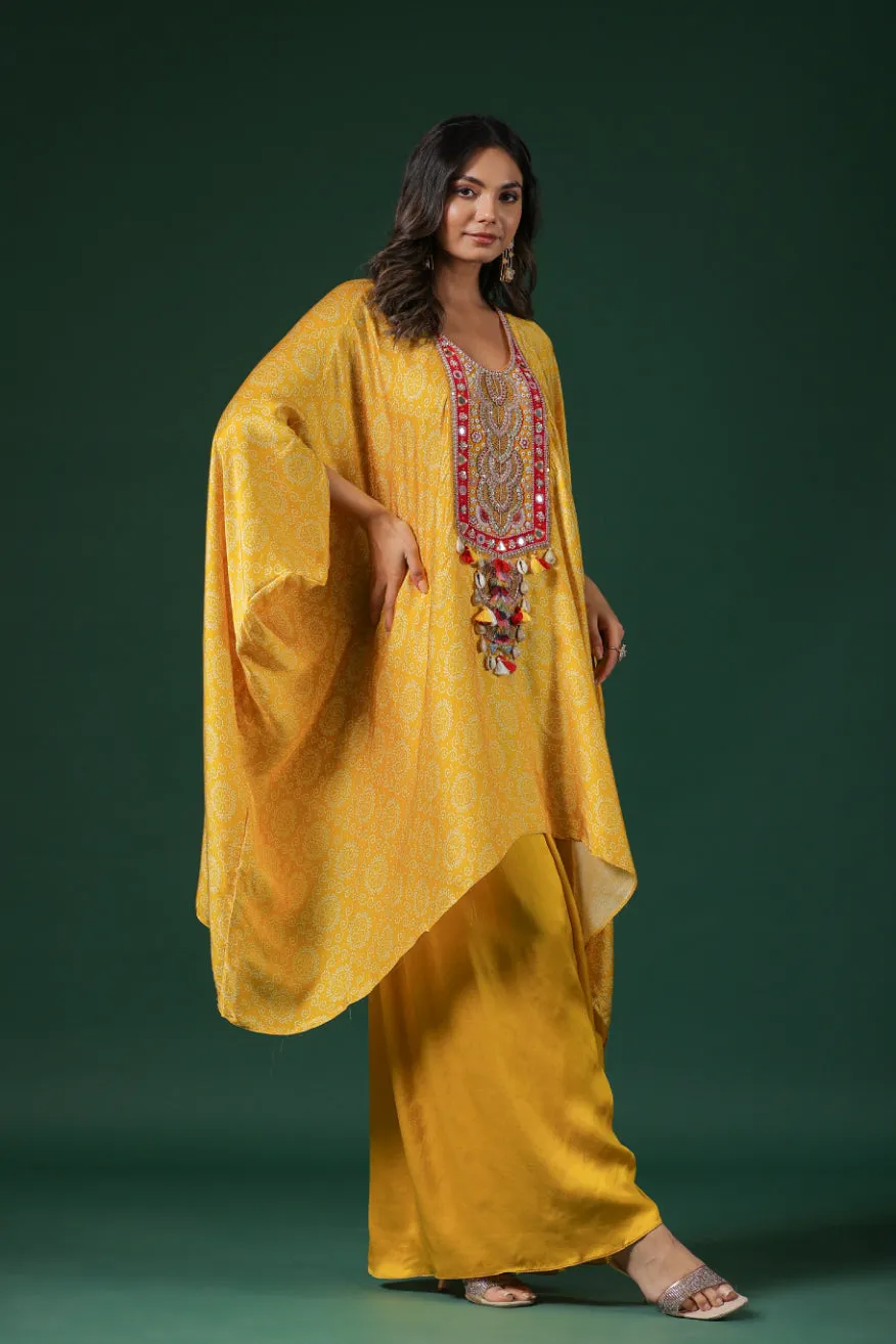 Yellow Embroidered Habutai Silk Kaftan Palazzo Set