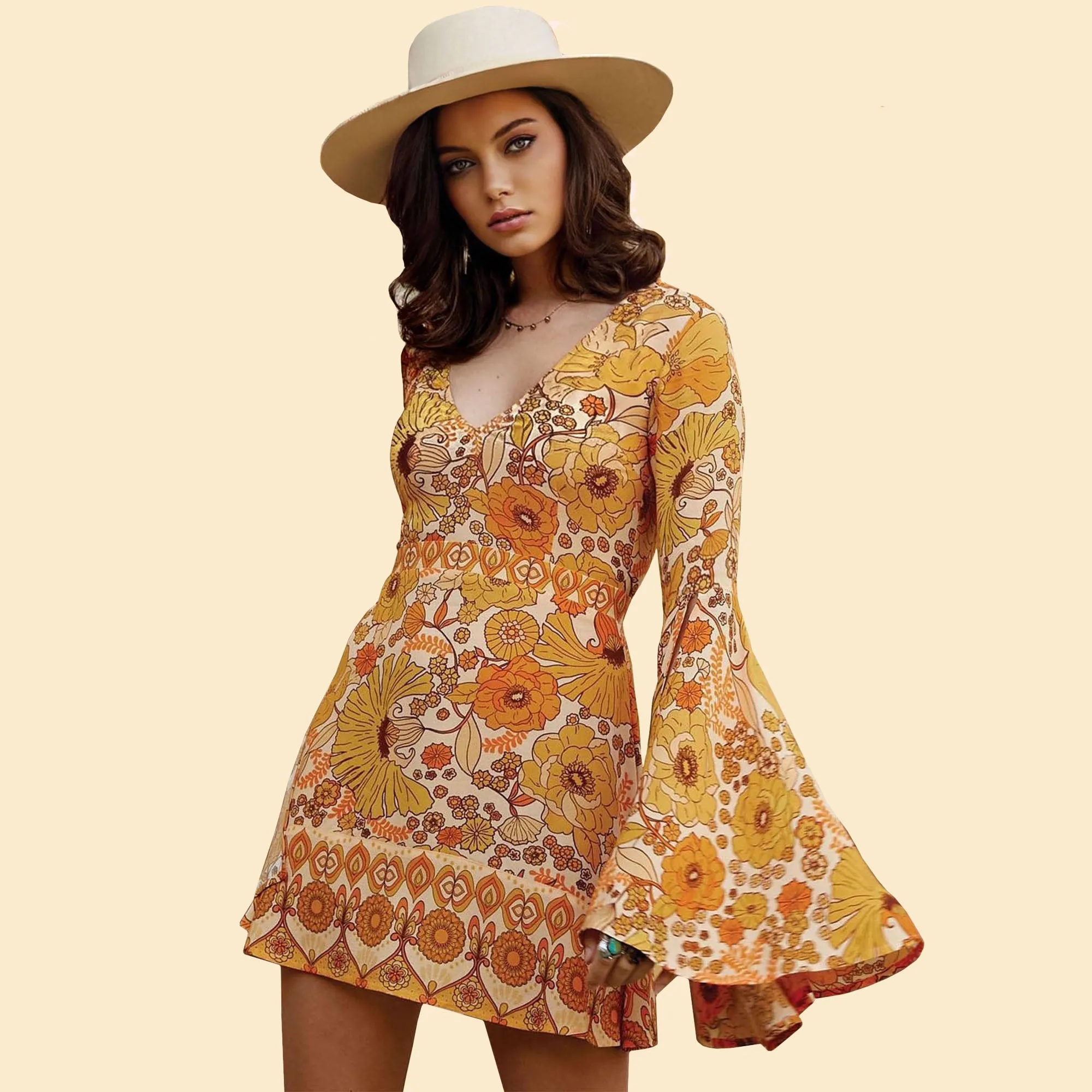 Yellow Floral Flare Sleeve Jupiter Dress