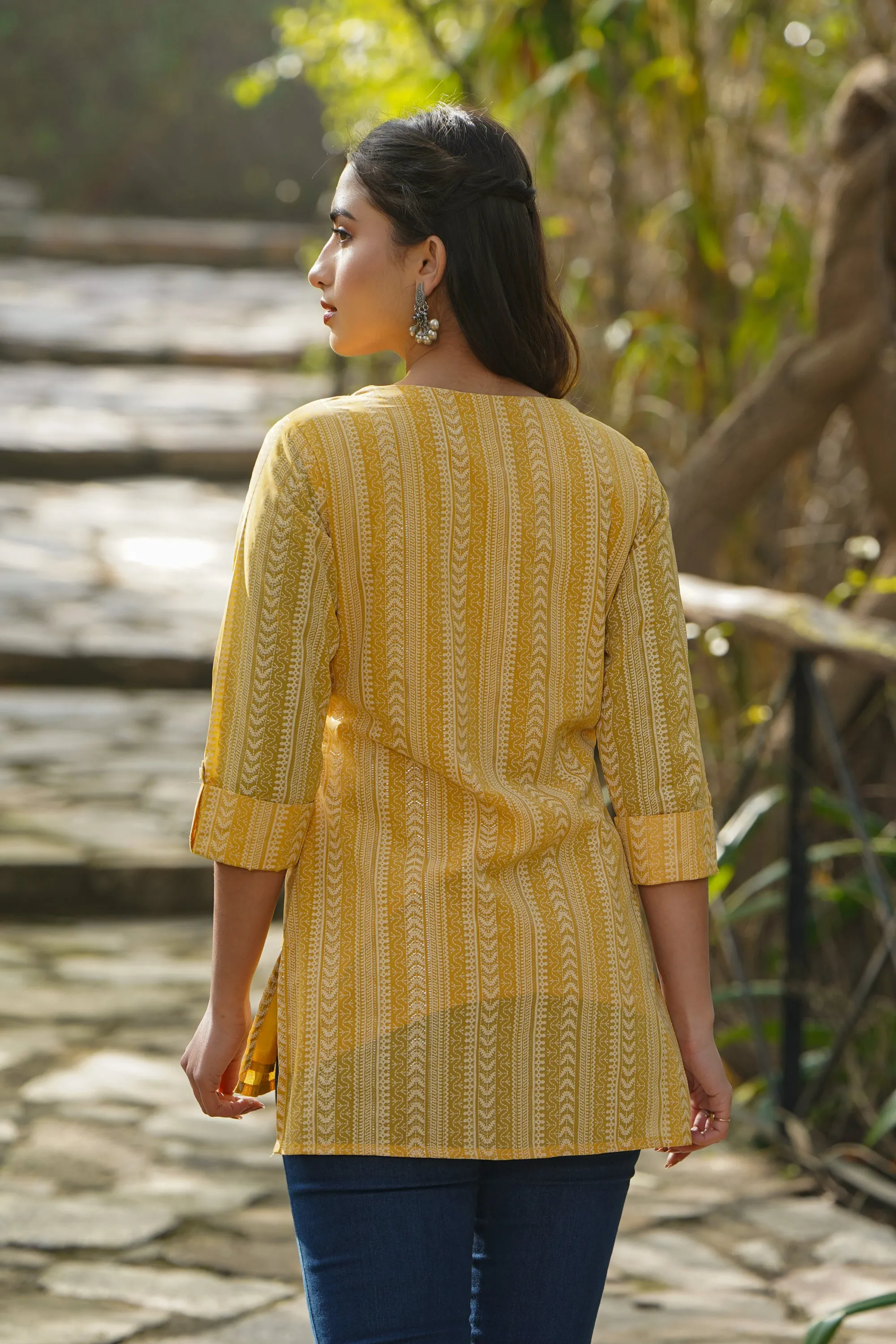 Yellow Georgette Printed High-Low Tunic