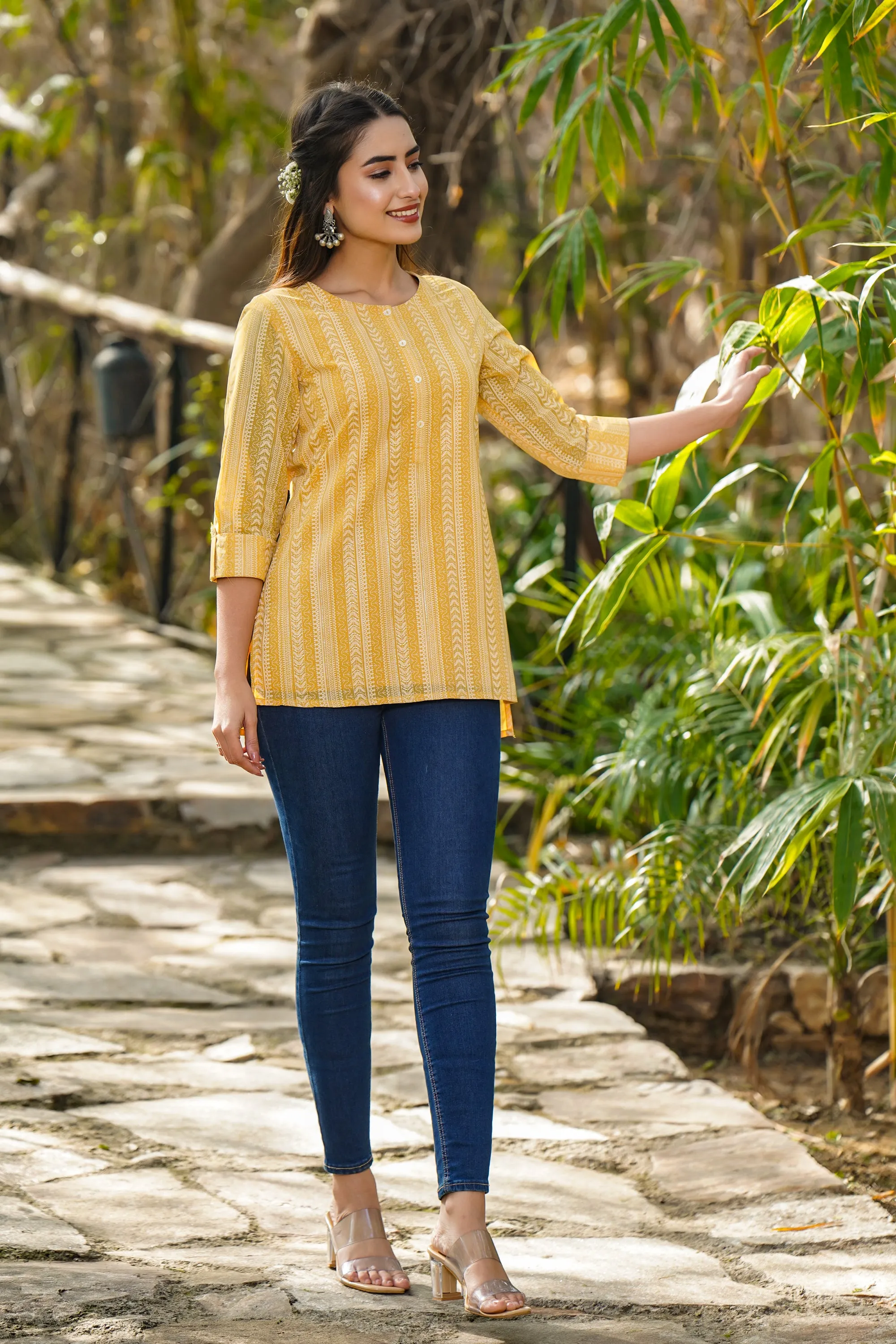 Yellow Georgette Printed High-Low Tunic