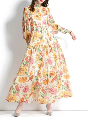 Yellow Stand Collar Floral Print Long Sleeve Boho Dress Maxi Dress