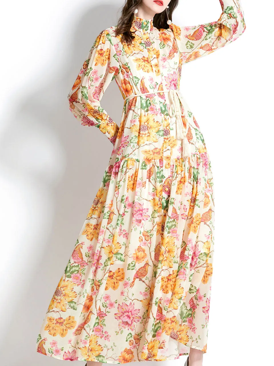 Yellow Stand Collar Floral Print Long Sleeve Boho Dress Maxi Dress