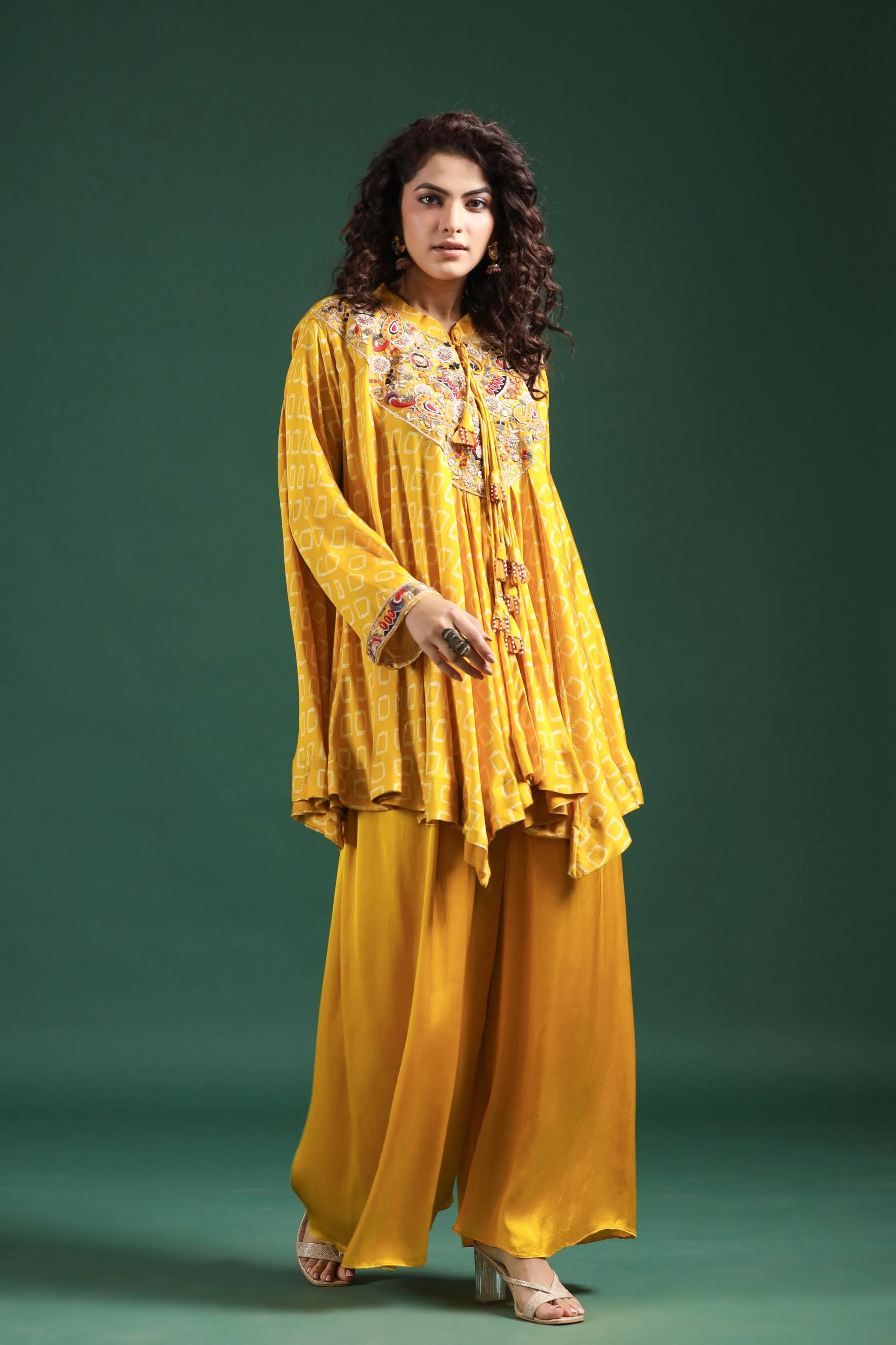 Yellow Traditional Printed & Embroidered Tunic Palazzo Set