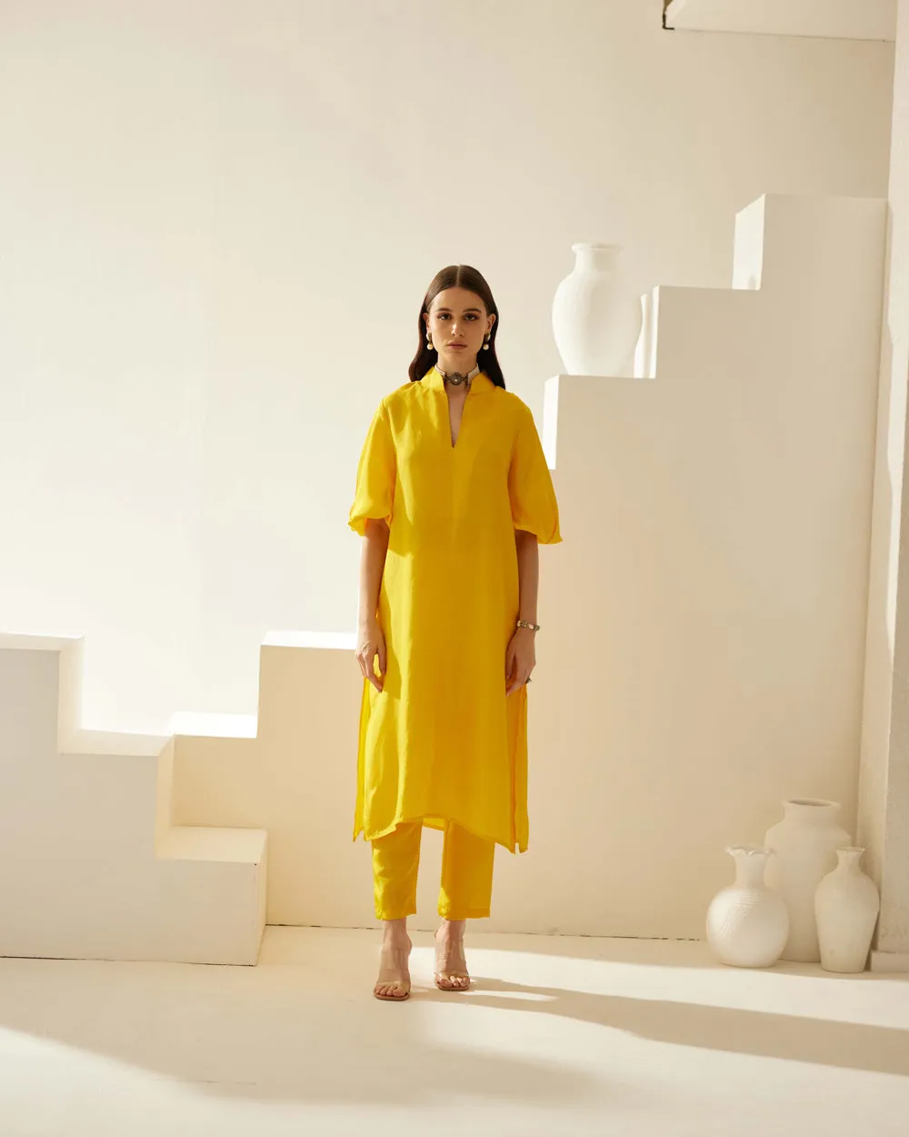 Yellow V-Neck Tunic Sets