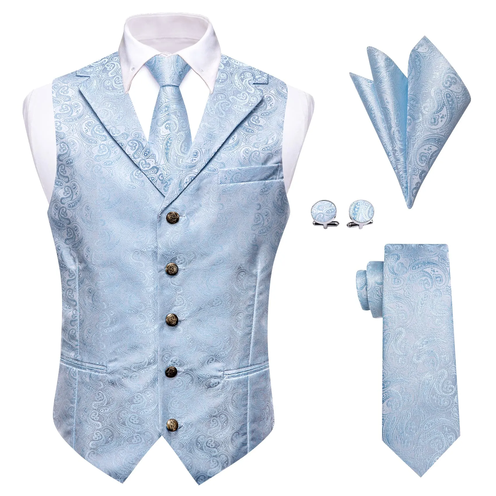 YourTies Light Blue V-Neck Waistcoat Men Silk Paisley Vest Necktie Set