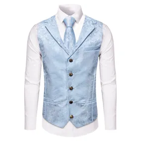 YourTies Light Blue V-Neck Waistcoat Men Silk Paisley Vest Necktie Set