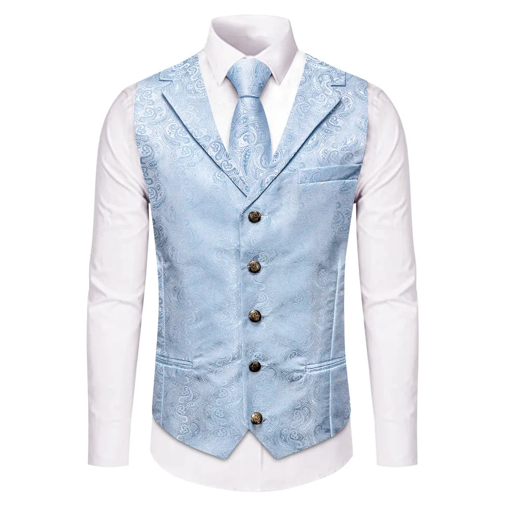 YourTies Light Blue V-Neck Waistcoat Men Silk Paisley Vest Necktie Set