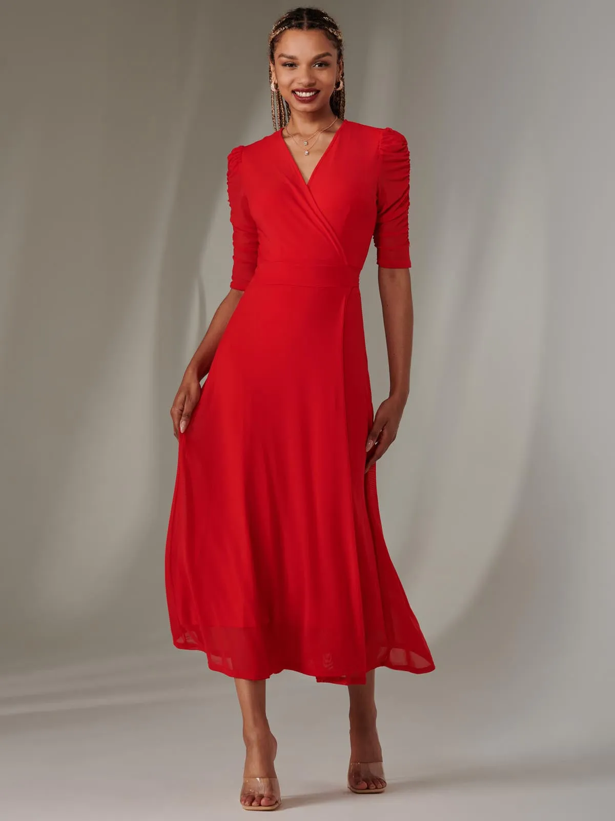 Zeena Plain Wrap Mesh Maxi Dress, Red