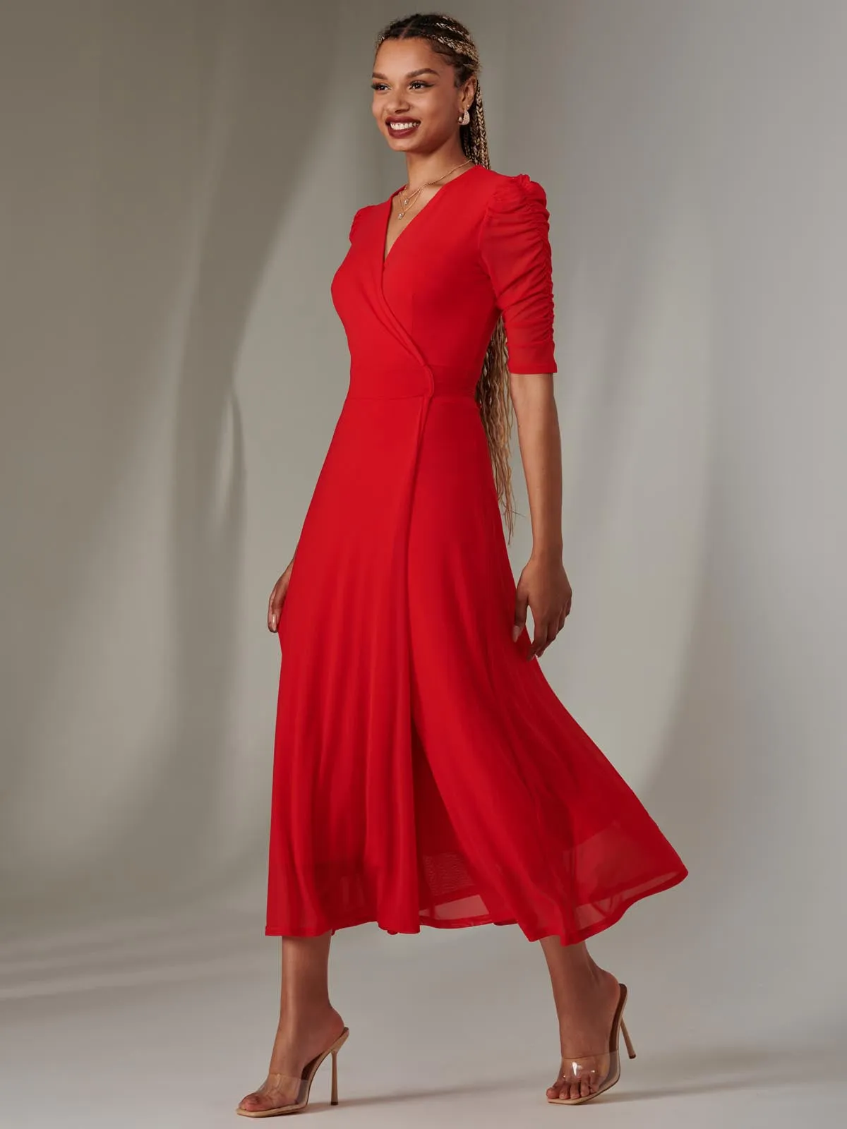 Zeena Plain Wrap Mesh Maxi Dress, Red