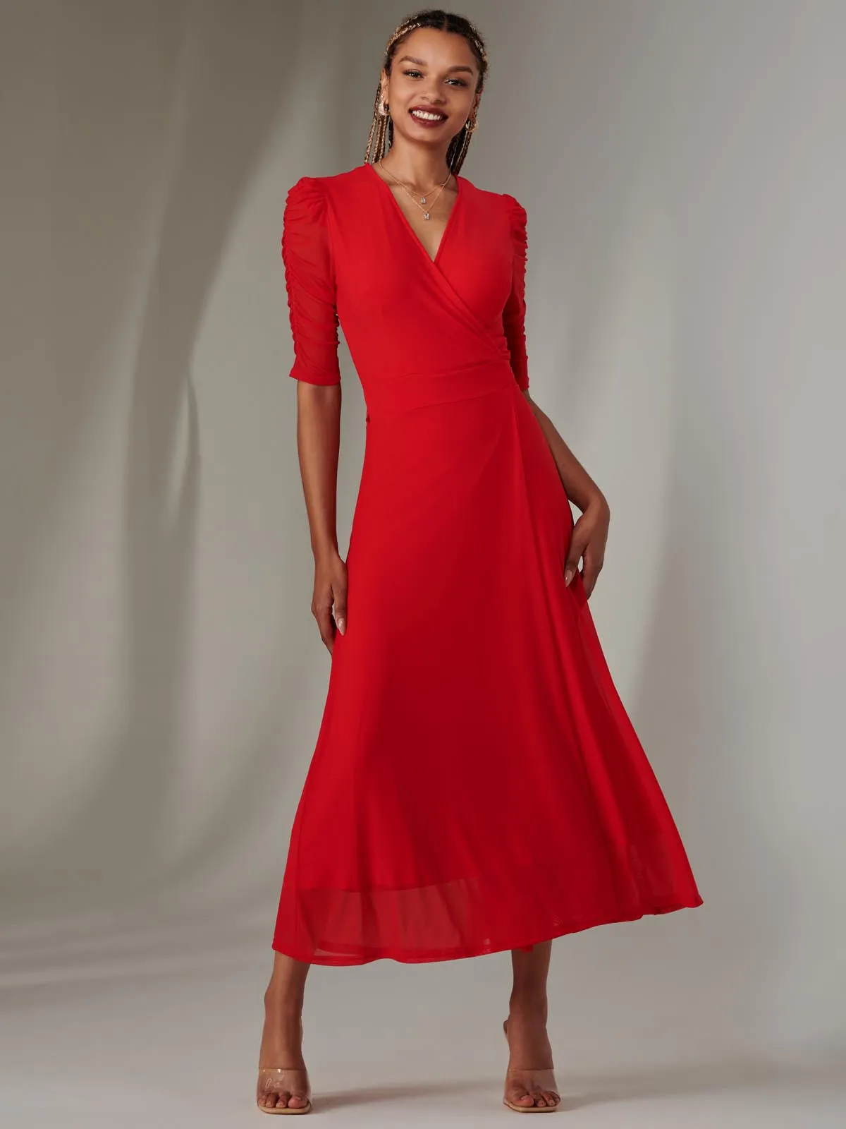 Zeena Plain Wrap Mesh Maxi Dress, Red