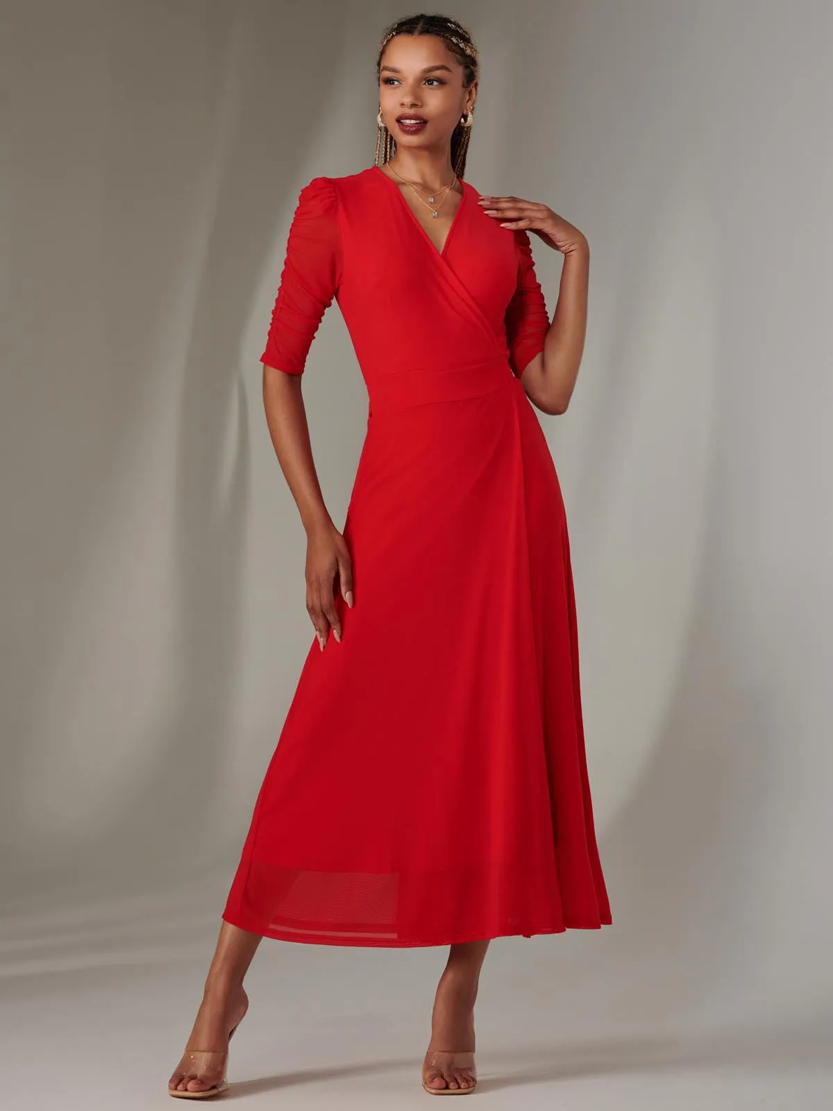 Zeena Plain Wrap Mesh Maxi Dress, Red