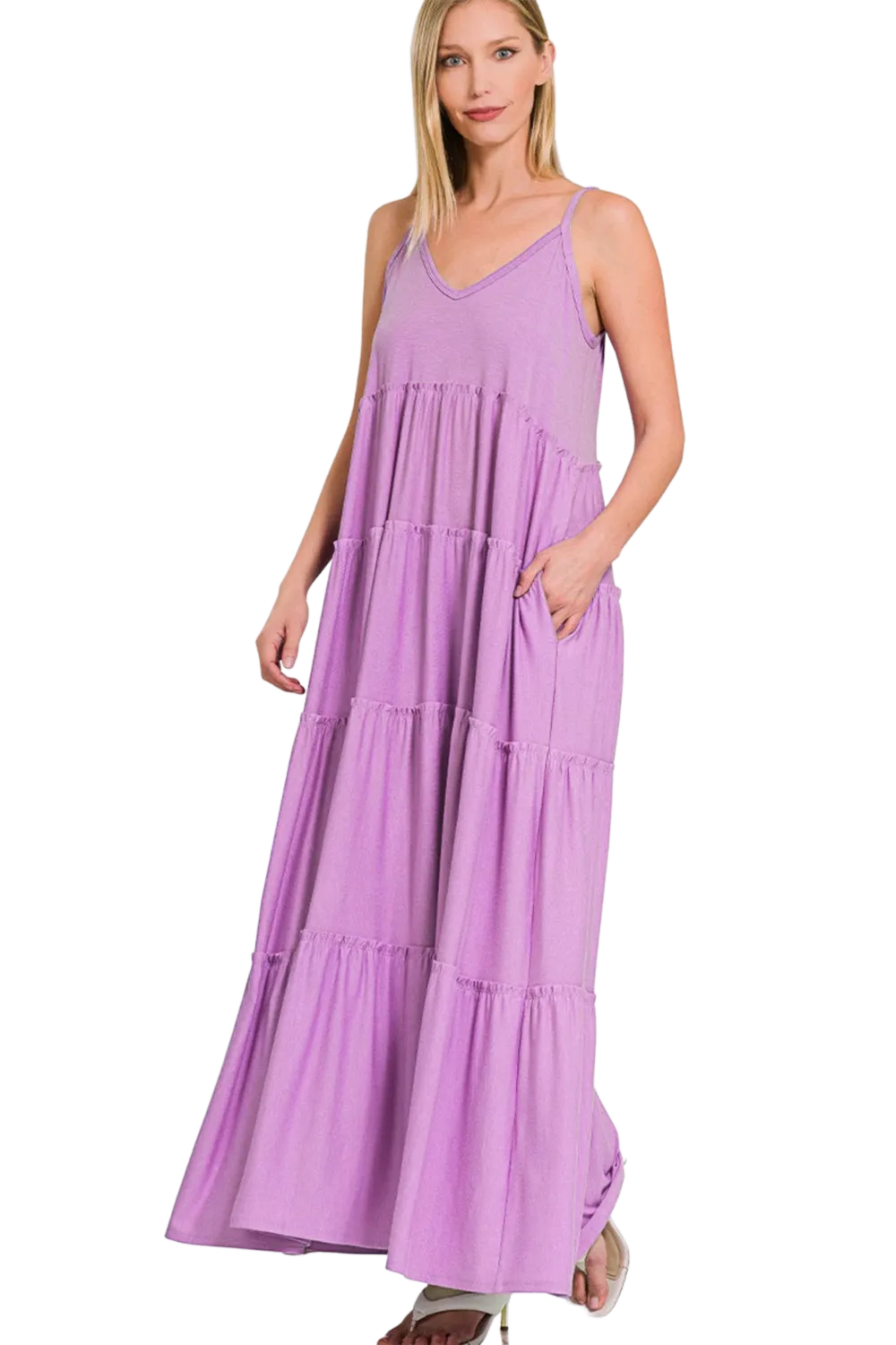 Zenana Frill Tiered V-Neck Maxi Cami Dress